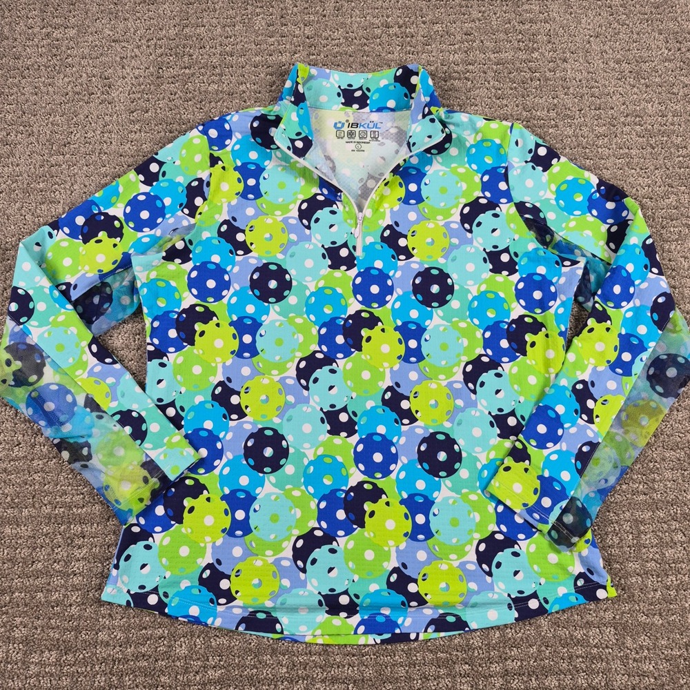 IBKUL Pickleball Shirt Womens L Blue Green Mock Neck 1/4 Zip UPF 50+ Sun Top